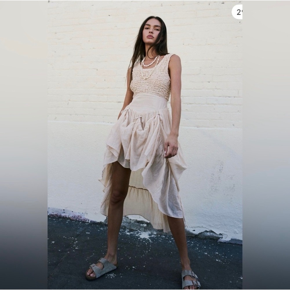 Free People XL Semolina Cream Smocked Gauze Maxi Dress Boho Cottagecore NWT
